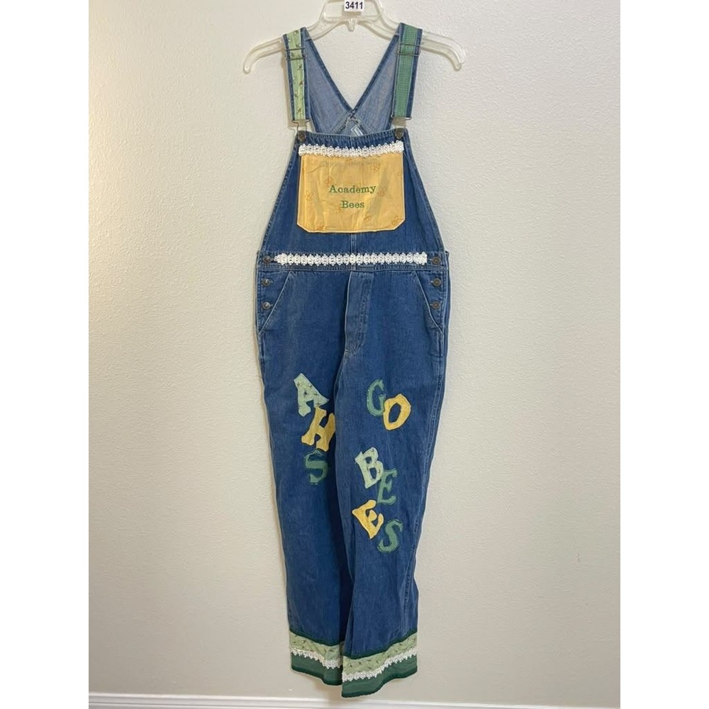 Polka Dot Cowgirl Academy Bees Denim Overalls Custom Patchwork Lace Blue Medium